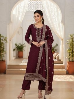 Vaamsi - Women Silk Blend Embroidered Kurta Trousers with Dupatta (Set of 3)