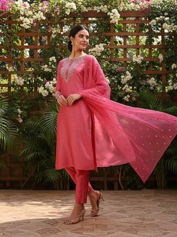 Vaamsi - Women Poly Silk Yoke Design Kurta Trousers with Dupatta (Set of 3)