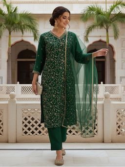Vaamsi - Women Dark Green Silk Blend Embroidered Party Wear Suit (Set of 3)