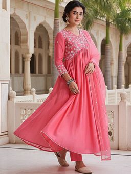 Vaamsi - Pink Silk Blend Embroidered Flared Empire Kurta Pants with Dupatta (Set of 3)