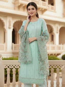 Vaamsi - Green Organza Ethnic Motifs Embroidered Straight Kurta Pants with Dupatta (Set of 3)