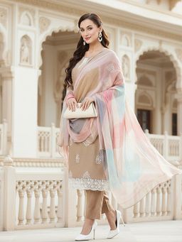 Vaamsi - Women Beige Silk Blend Geometric Straight Kurta with Pant and Dupatta (Set of 3)