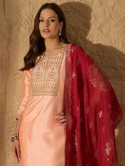 Vaamsi - Women Peach Poly Silk Embroidered Straight Kurta Pant with Dupatta (Set of 3)