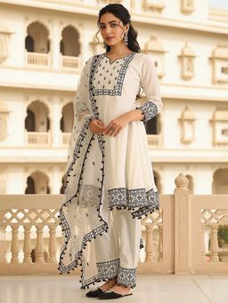 Vaamsi - White Silk Blend Embroidered Thread Work A-Line Kurta with Pant and Dupatta (Set of 3)