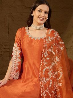 Vaamsi - Women Orange Silk Embroidered Anarkali Kurta with Pant and Dupatta (Set of 3)