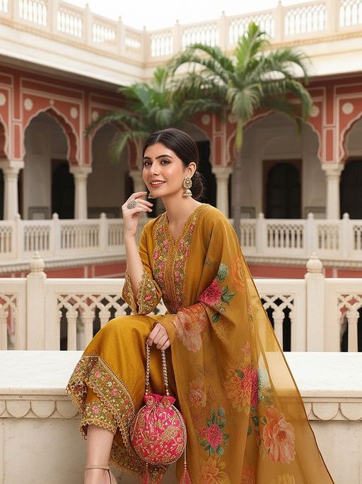 Vaamsi Women Mustard Silk Blend Embroidered Straight Kurta Pant with Dupatta (Set of 3)