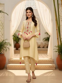 Vaamsi - Women Yellow Viscose Rayon Embroidered A-Line Kurta with Pant (Set of 2)