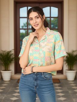 Vaamsi - Green Cotton Blend Abstract Printed Crop Shirt