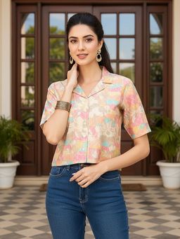 Vaamsi - Peach Cotton Blend Abstract Printed Crop Shirt