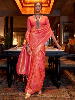 Akhilam - Womens Silk Blend Peach Woven Design Handloom Saree with Unstitched Blouse