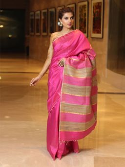 Beatitude - Pink Shade Handwoven Dupion Raw Silk Saree Unstitched Blouse