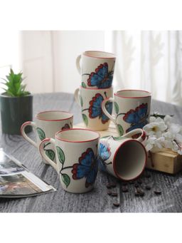 Miah Decor - Hand painted Floral Glazed Ceramic Mugs 340 Ml -Set of 6