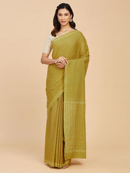 Fabindia - Green Cotton Hand Block Printed Saree Without Blouse