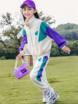 Little Surprise Box - Cream With Teal & Purple Colorblock Jacket and Joggers (Set of 2)