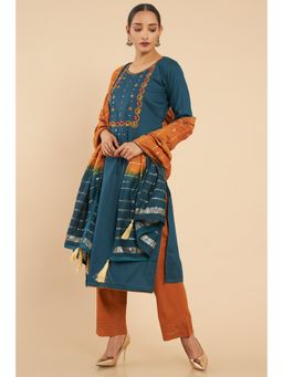 Soch - Women Turquoise Embroidered Dress Material (Set of 3)