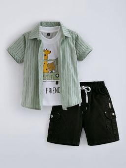 Hopscotch - Multi-Color 3-Pc Cotton Striped Shirt, T-Shirt And Shorts