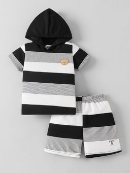 Hopscotch - Black 2-Pc Striped Hooded T-Shirt And Shorts