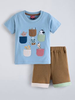 Hopscotch - Multi-Color 2-Pc Animal Pocket Embroidery Short Set