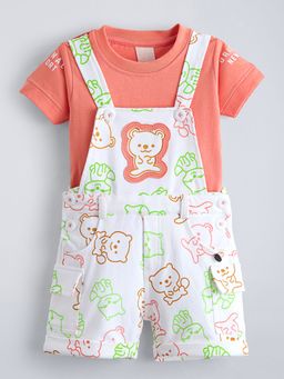 Hopscotch - Peach Animal Dungaree Set
