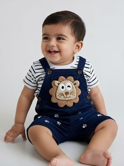 Hopscotch - White Lion Applique Cotton Denim Dungaree Set