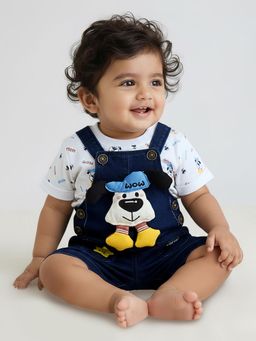 Hopscotch - White Puppy Applique Cotton Denim Dungaree Set