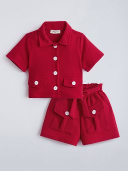 Hopscotch - Red Waffle Collared Shirt And Short Set