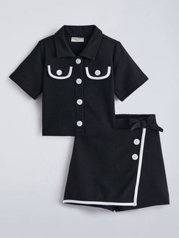 Hopscotch - Black Waffle Collared Bow Applique Skorts Set