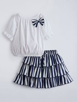 Hopscotch - Blue Bow Applique Striped Blouse And Skirt Set