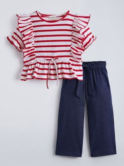 Hopscotch - Red Ruffled Striped Bow Applique Pant Set