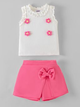 Hopscotch - White 2-Pc Ruffled Floral Applique Skort Set