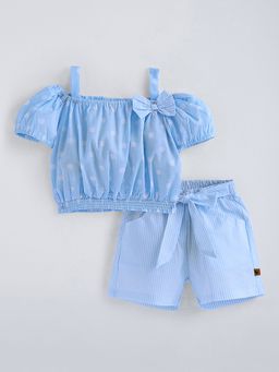 Hopscotch - Blue Bow Applique Polka Dot Short Set