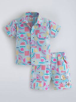 Hopscotch - Blue Geometric Dino Applique Short Set