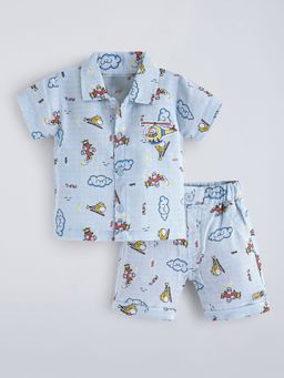 Hopscotch - Blue Helicopter Applique Cotton Short Set