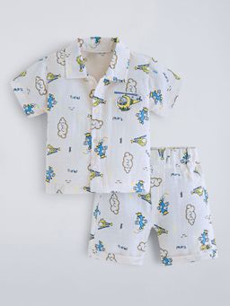 Hopscotch - Off White Cotton Helicopter Shirt And Shorts Set