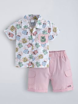 Hopscotch - White Cotton Animal Shirt And Shorts