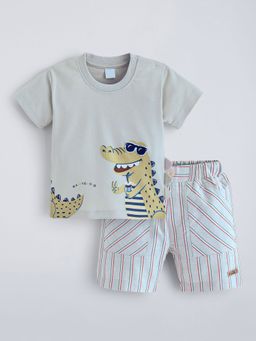 Hopscotch - Grey Cotton Dino T-Shirt And Striped Shorts