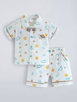 Hopscotch - White Cotton All Over Print Shirt And Shorts Set