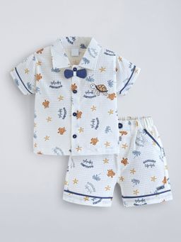 Hopscotch - White Cotton All Over Print Shirt And Shorts Set