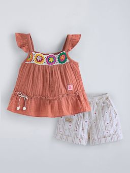 Hopscotch - Brown 2-Pc Floral Embroidery Textured Short Set