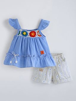 Hopscotch - Blue 2-Pc Floral Embroidery Textured Short Set