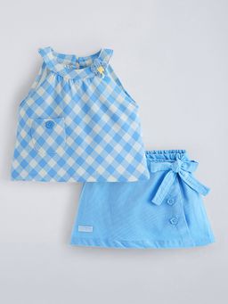 Hopscotch - Blue 2-Pc Floral Applique Checkered Short Set