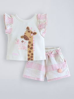 Hopscotch - White 2-Pc Girafee Embroidery Short Set
