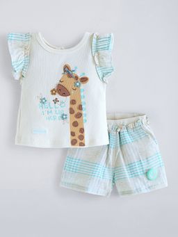 Hopscotch - White 2-Pc Girafee Embroidery Short Set