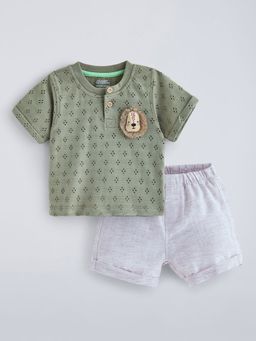Hopscotch - Green Lion Applique Cotton T-Shirt And Short Set