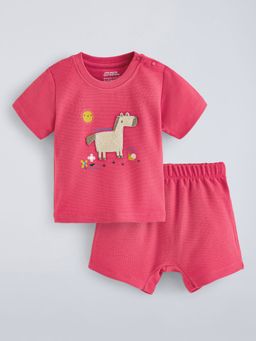 Hopscotch - Pink Horse Applique Cotton T-Shirt And Short Set
