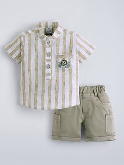 Hopscotch - Olive Lion Embroidery Striped Short Set
