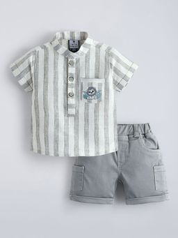 Hopscotch - Grey Lion Embroidery Striped Short Set