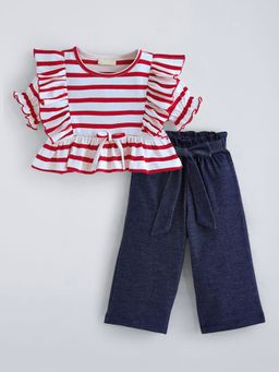 Hopscotch - Red Striped Frilled Cotton Culotte Pant Set
