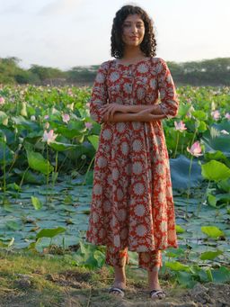 Okhai - Frangipani Mirror Work Hand Block Printed Pure Cotton Kurta Pant (Set of 2)