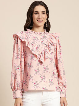 Marie Claire - Women Casual Pink Round Neck Long Sleeves Floral Regular Top